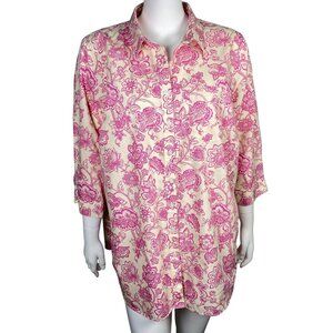 Lands End Button Up Tunic Shirt Womens 20W Pima Cotton Pink Floral 3/4 Sleeve